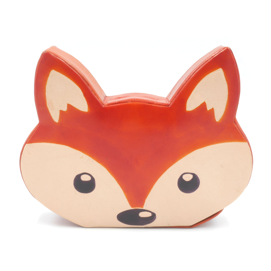 Children’s coin money box with a fox design. Handcrafted from ethically sourced leather.
