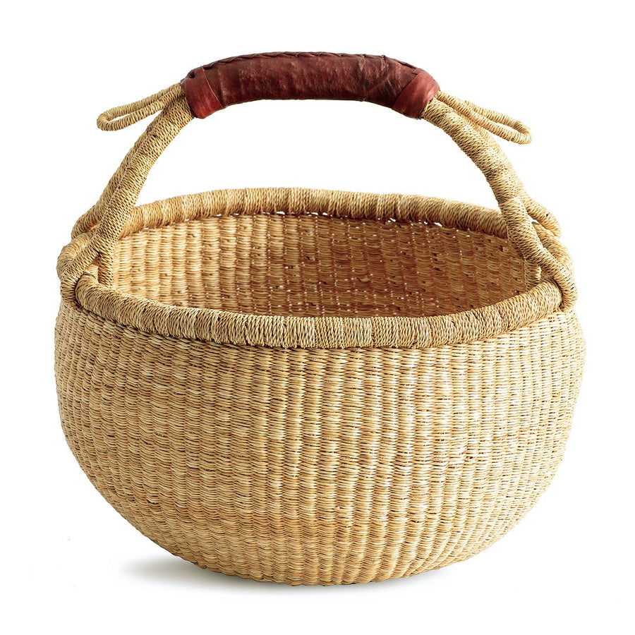 Woven basket with leather handle home decorWoven basket with leather handle home decor