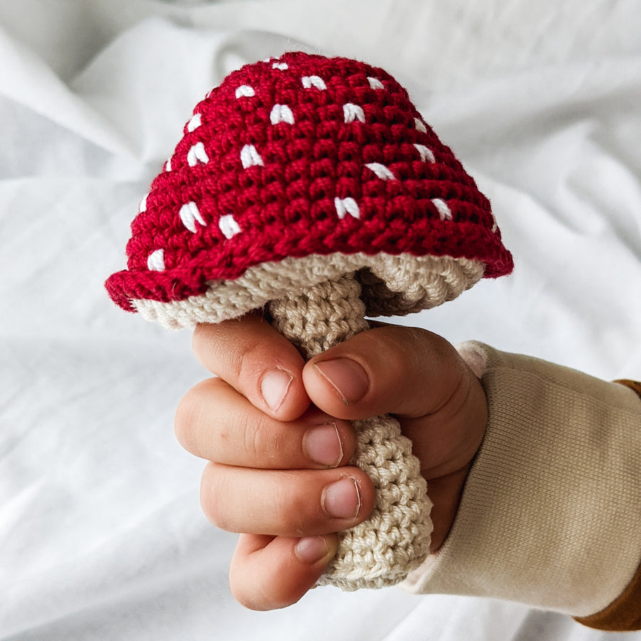 Crochet mushroom rattle toy made from 100% cotton. 