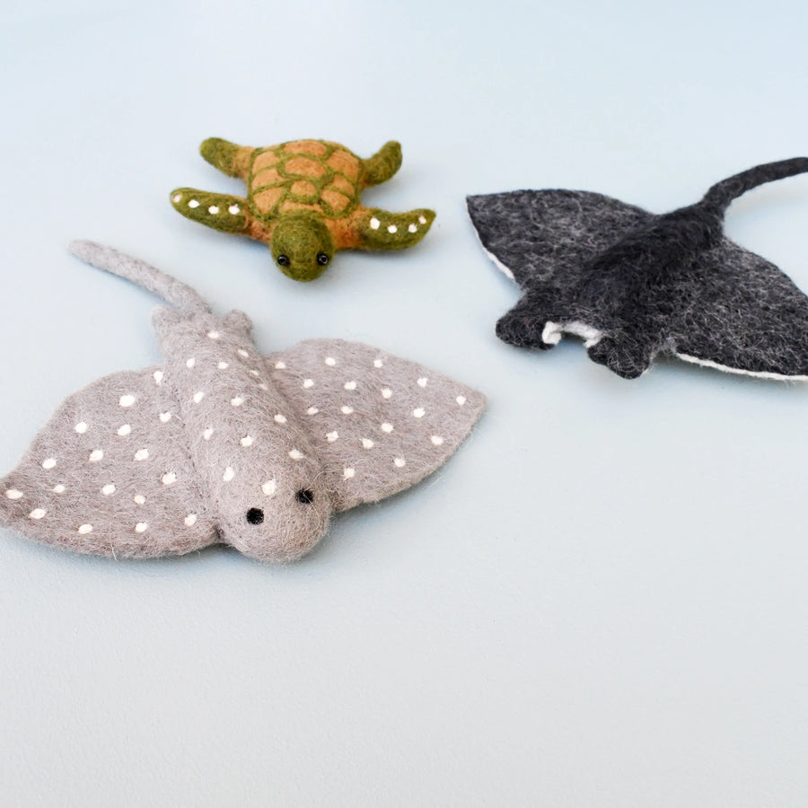 Fairtrade, felt sea creature toys, including a Manta Ray, Spotted Eagle Ray and Green Sea Turtle. 