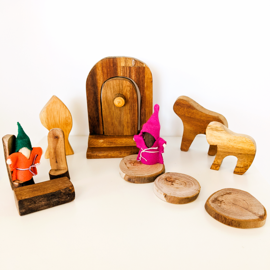 Mini fairy set made handcrafted from recycled tree branches of lychee and acacia wood. Sustainable and ethical toy. 