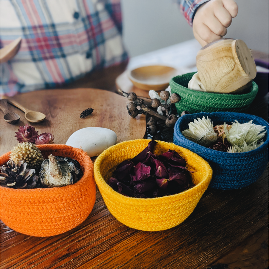 Rainbow cotton sorting bowl set. Ethically-made and fair trade home décor. 