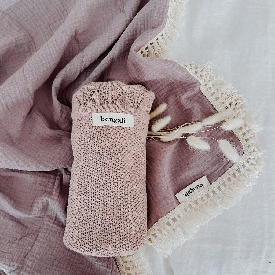 Cotton Muslin Fringe Swaddle in Lavender. Ethically-made, eco-friendly children's accessories NZ. 