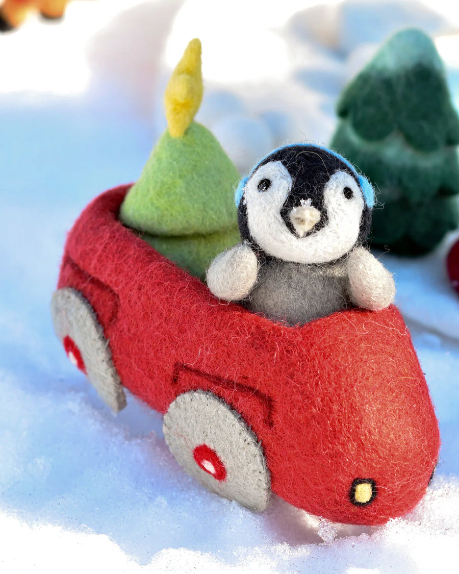 Christmas Decor - Felt Penguin Car and Christmas Tree Set