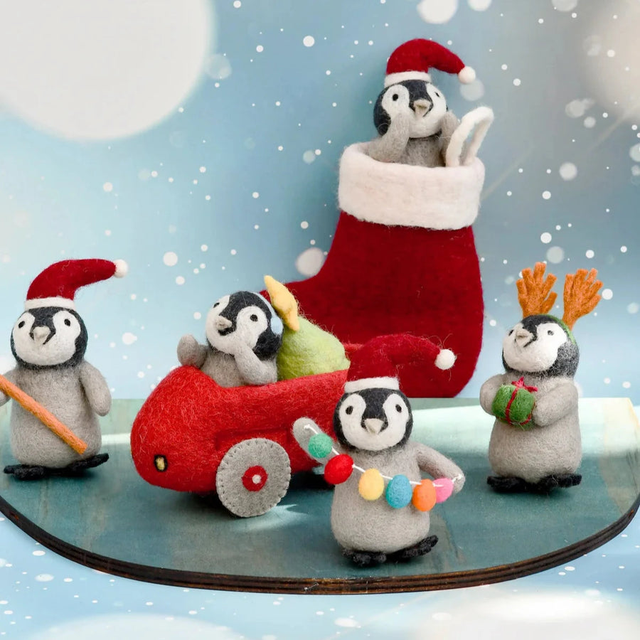 Christmas Decor - Felt Penguin Car and Christmas Tree Set