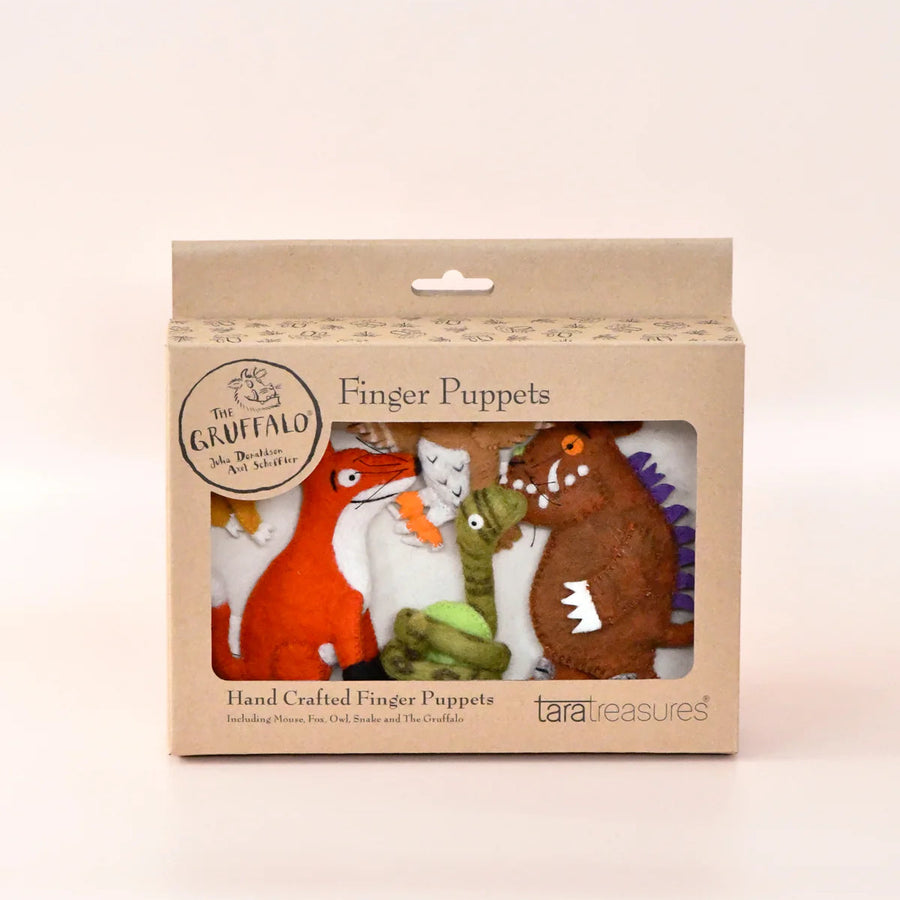 Box of finger puppets featuring animals with 'The Gruffalo' branding on a light background