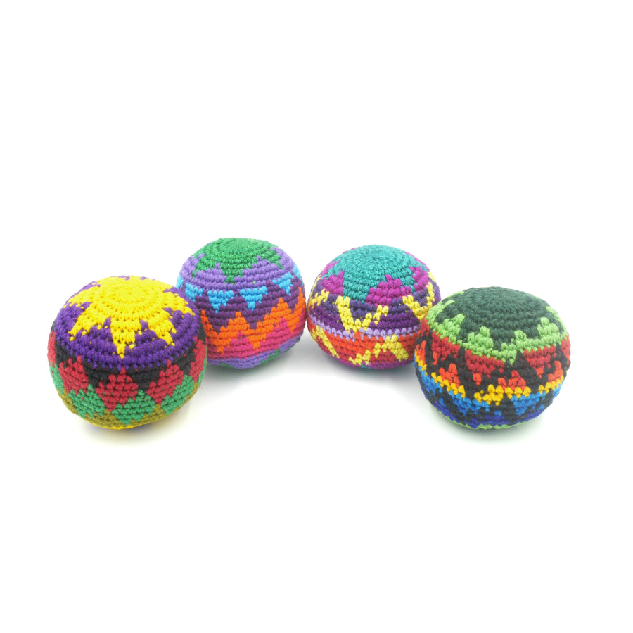 Colourful crochet hacky sack toy made from 100% cotton. 