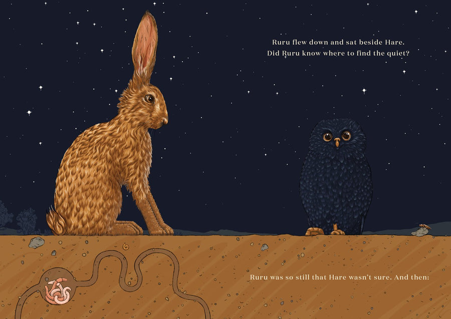 Hare and Ruru: A Quiet Moment by Laura Shalcrass. 