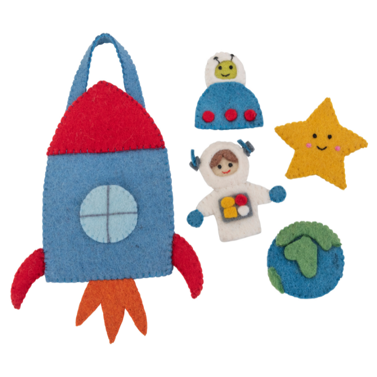 Outer space felt play set which includes an astronaut, alien, star and earth