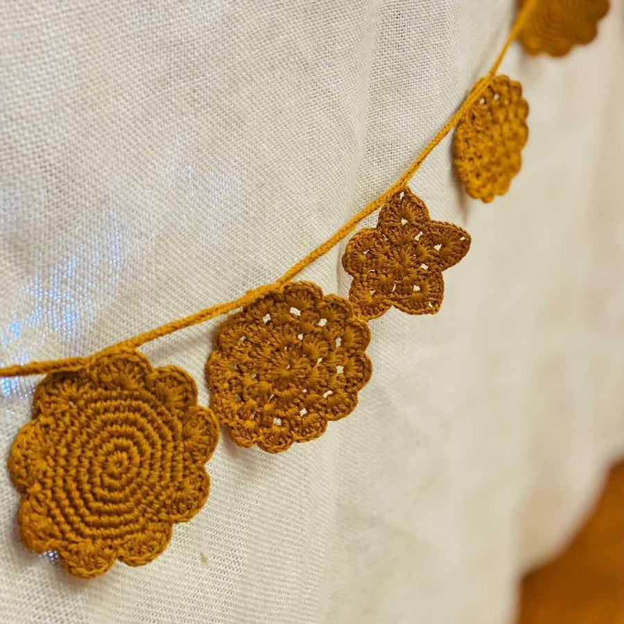 Vintage, mustard, hand-crocheted garland made from 100% cotton