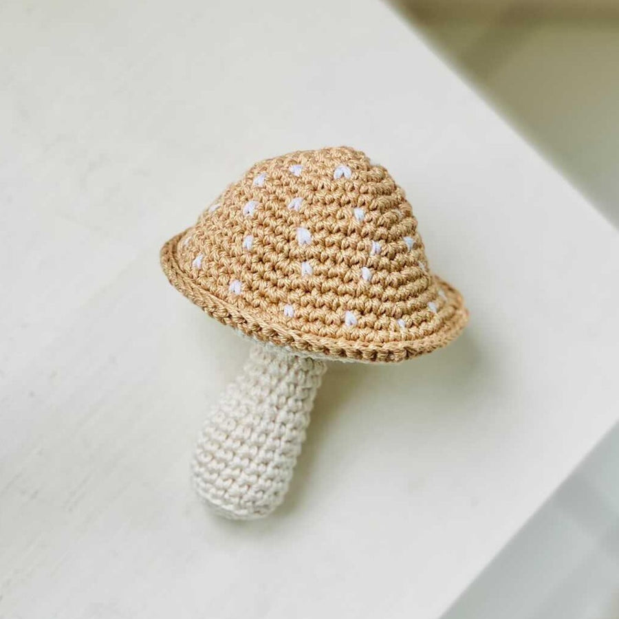 Crochet mushroom rattle toy made from 100% cotton. 