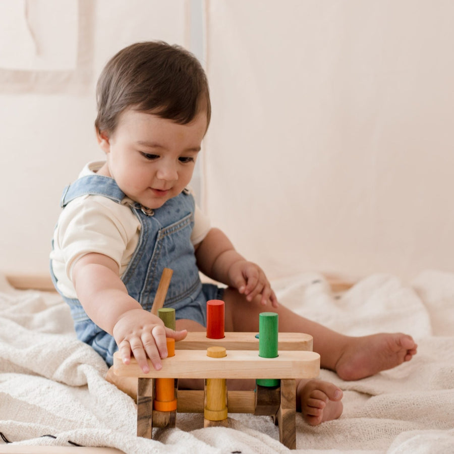Colourful hammer and peg bench Montessori toy that 