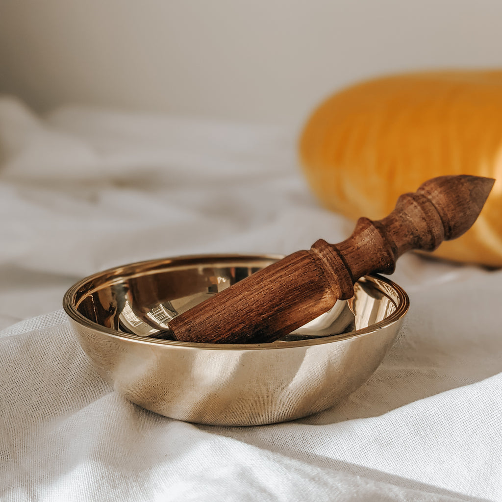 Gold plated singing bowl for meditation, yoga and mindfulness practices. Ethically made in Nepal. 
