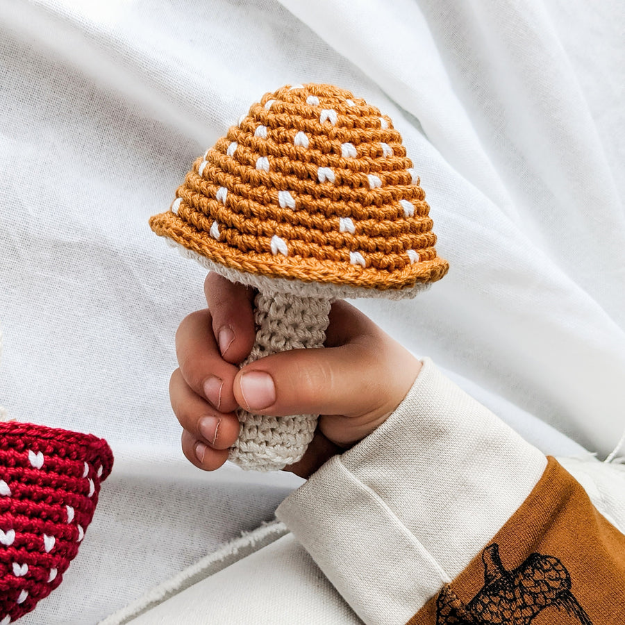 Crochet mushroom rattle toy made from 100% cotton. 