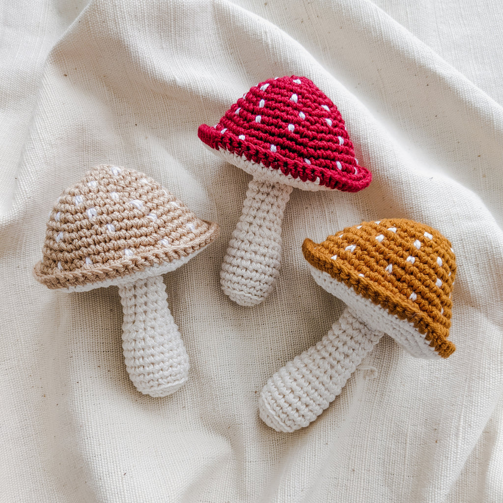 Crochet mushroom rattle toy made from 100% cotton. 