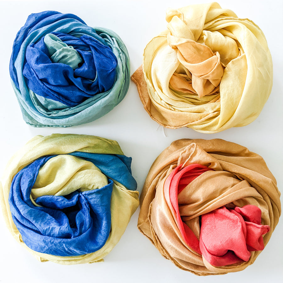 Botanically hand-dyed, 100% pure silk squares. 