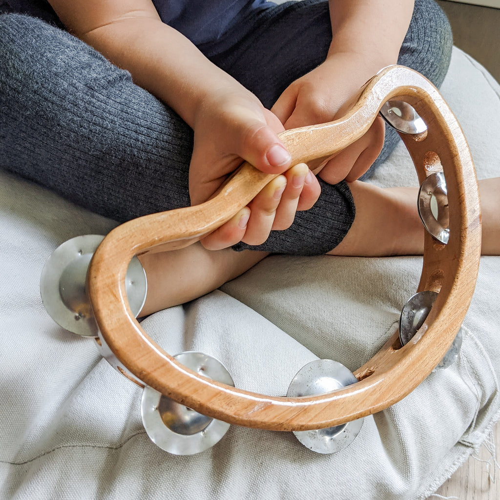 Beautiful wooden tambourine is made from sustainable timber with 6 metal zills.
