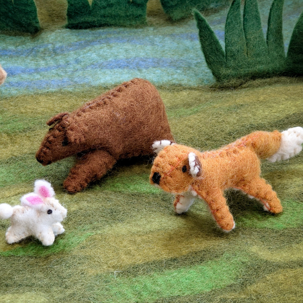 Fairtrade, felt animal toys including a felt toy bear, fox, deer and bunny