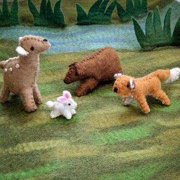 Fairtrade, felt animal toys including a felt toy bear, fox, deer and bunny