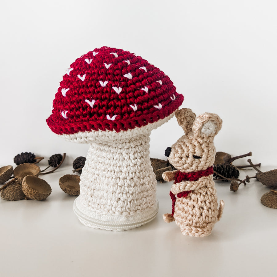 Cotton mouse and toadstool house toy. Gorgeous fair trade toy for imaginary play.