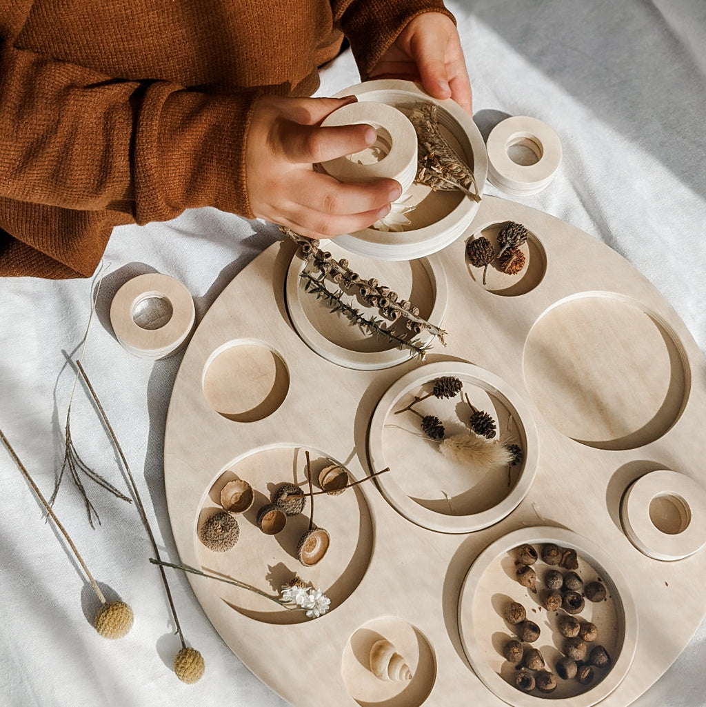 Wooden Sensory Exploration Tray with Magnifying Blocks
