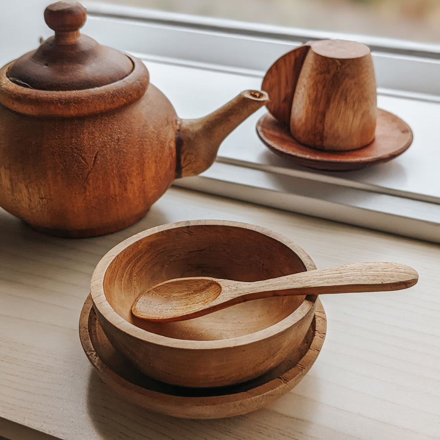 Mini Teak Wood Bowl, Plate and Spoon Set