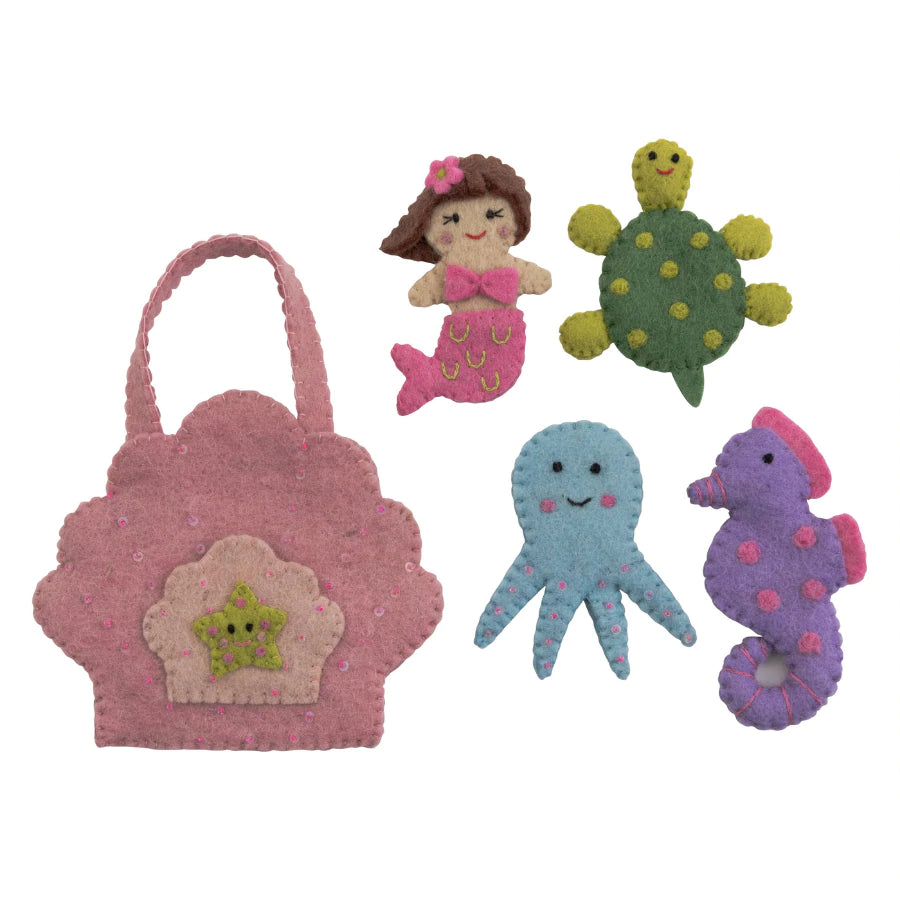 Mermaid felt play set which includes a mermaid, turtle, octopus and seahorse. 