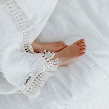 Cotton Muslin Fringe Swaddle in Snow. Ethically-made, eco-friendly children's accessories NZ. 