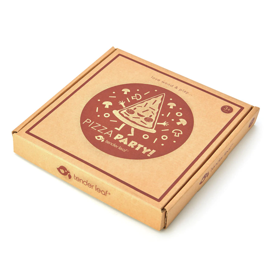  Wooden pizza toy. The set includes 6 slices and a pizza tray with 12 interchangeable toppings held in place by small velcro spots, all enclosed in an illustrated cardboard box. 