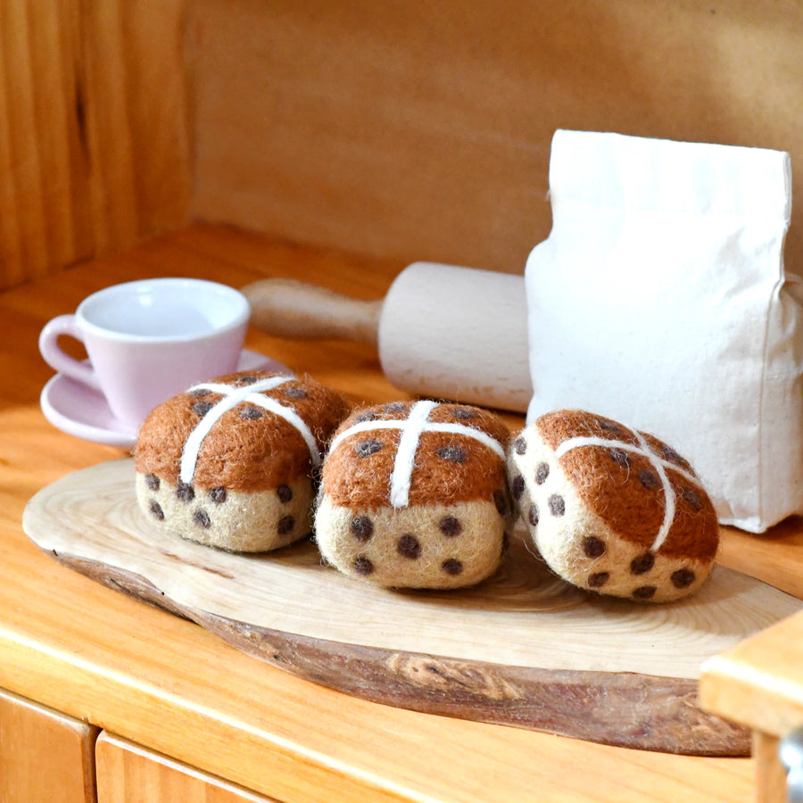 Fairtrade felt hot cross bun Easter toy. Ethical, eco-friendly Easter gifts. 