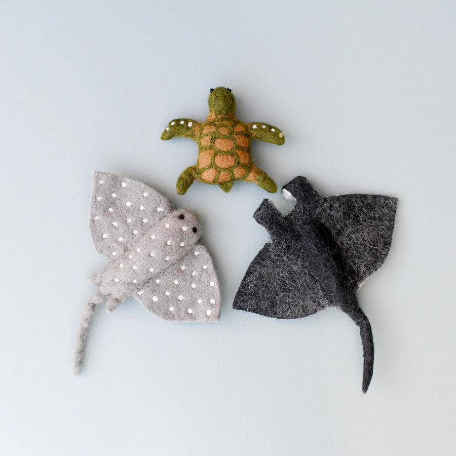 Fairtrade, felt sea creature toys, including a Manta Ray, Spotted Eagle Ray and Green Sea Turtle. 
