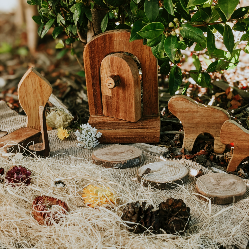 Mini fairy set made handcrafted from recycled tree branches of lychee and acacia wood. Sustainable and ethical toy. 