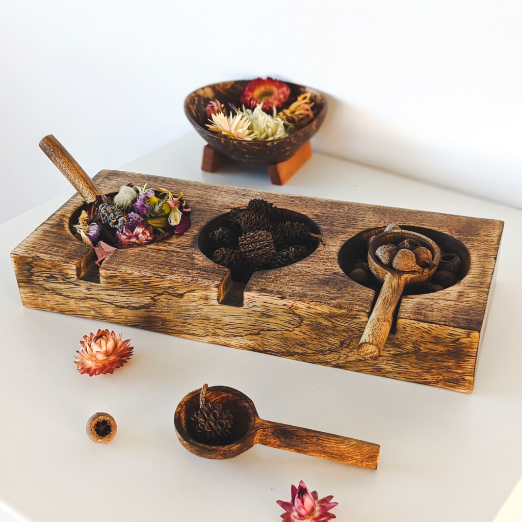 Wooden Tray with 3 Scoops - last one