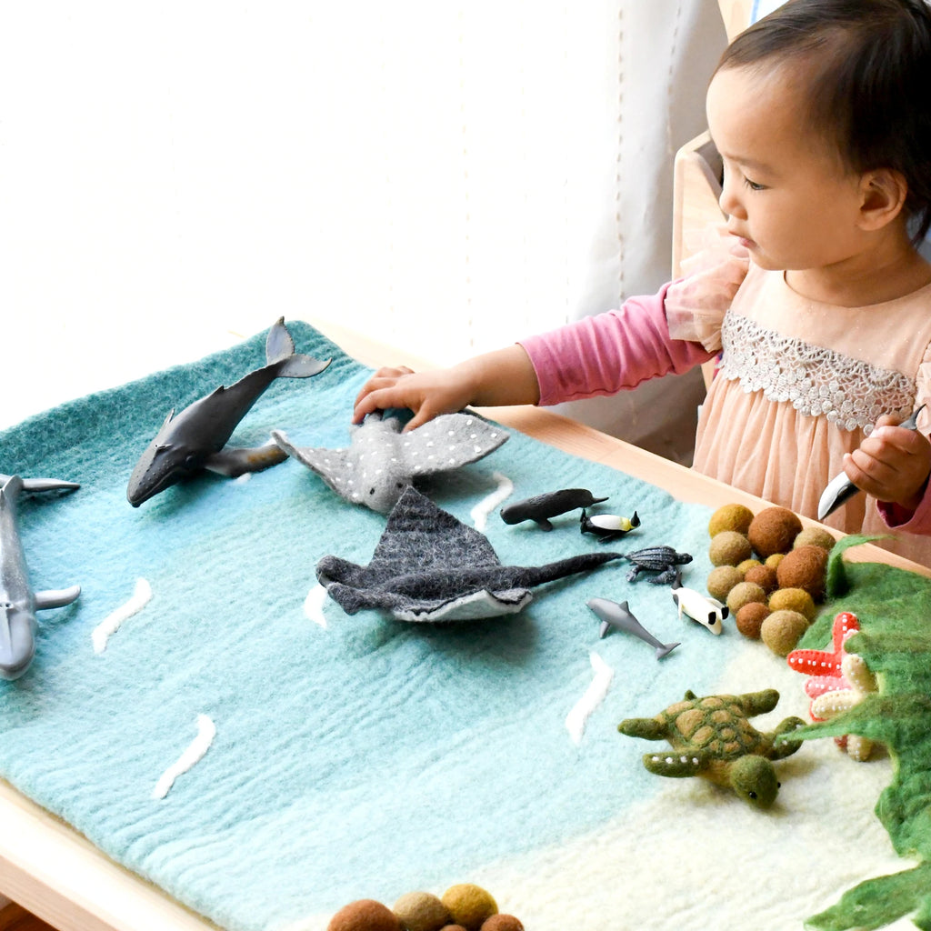 Fairtrade, felt sea creature toys, including a Manta Ray, Spotted Eagle Ray and Green Sea Turtle. 