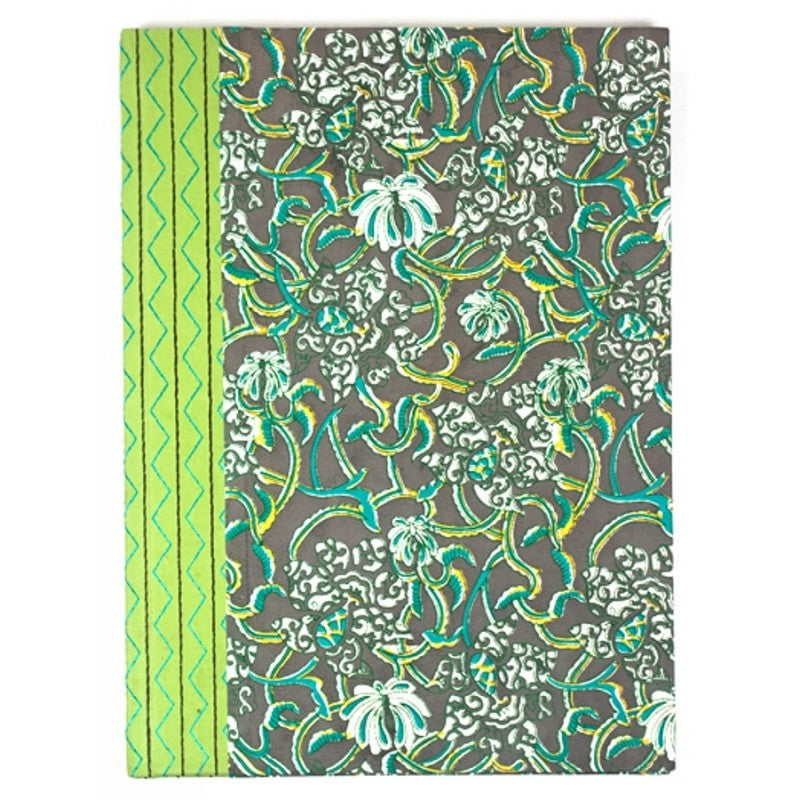 Eco-friendly journal with 100% tree-free, cotton paper. Green with floral motifs. 