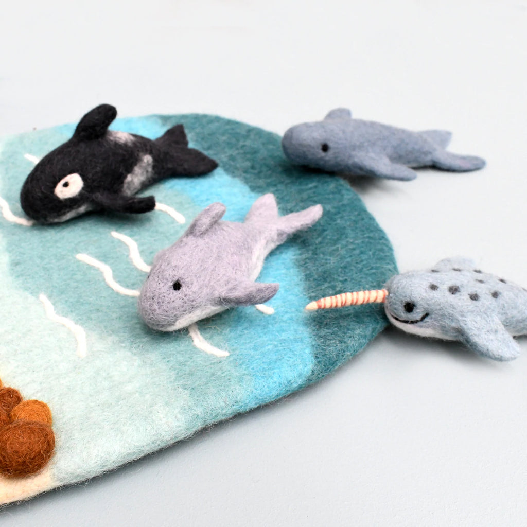 Fairtrade, felt marine mammal toys, including a narwhal, orca and dolphin and killer whale. Ethically-made and eco-friendly. 